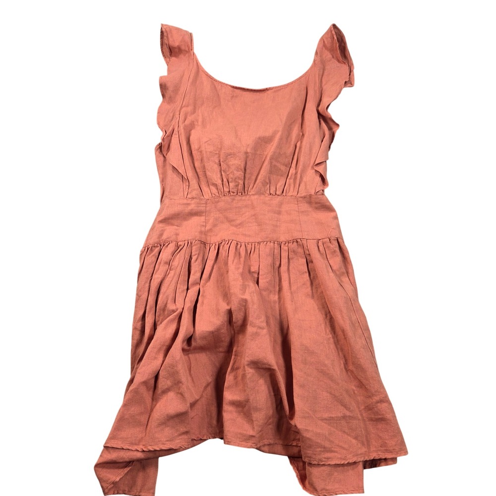 Free People Mini Dress XS Orange Terracotta Cotton Linen Ruffle Open Back Tie